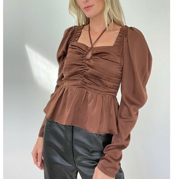 SIX/FIFTY The Ruby Blouse satin chocolate brown ruched smock ruffle NWT Medium - Picture 1 of 14
